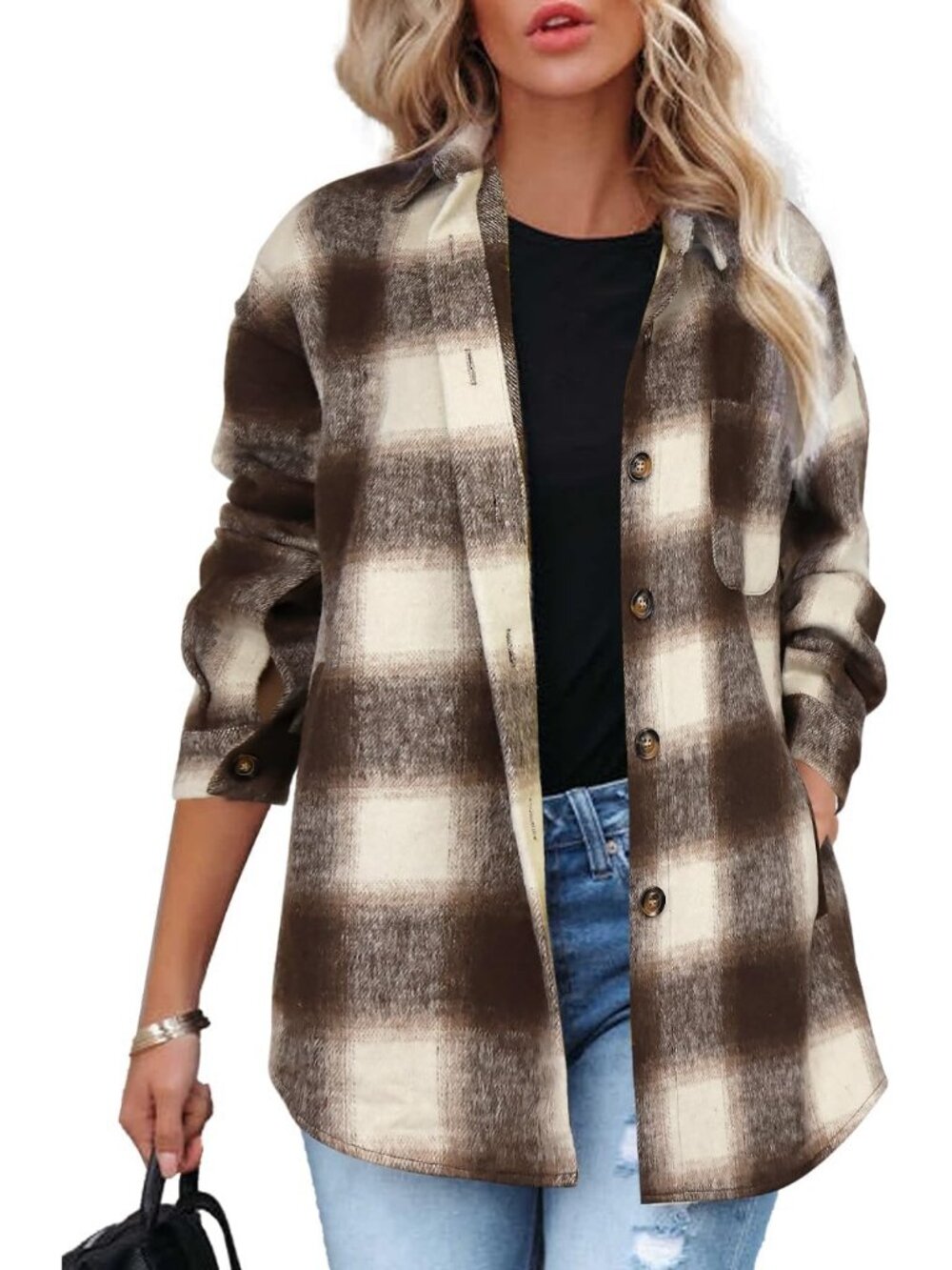Women Dark Coffee Fall Plaid Long Sleeve Bust Pocket Button Down Flannel Shacket